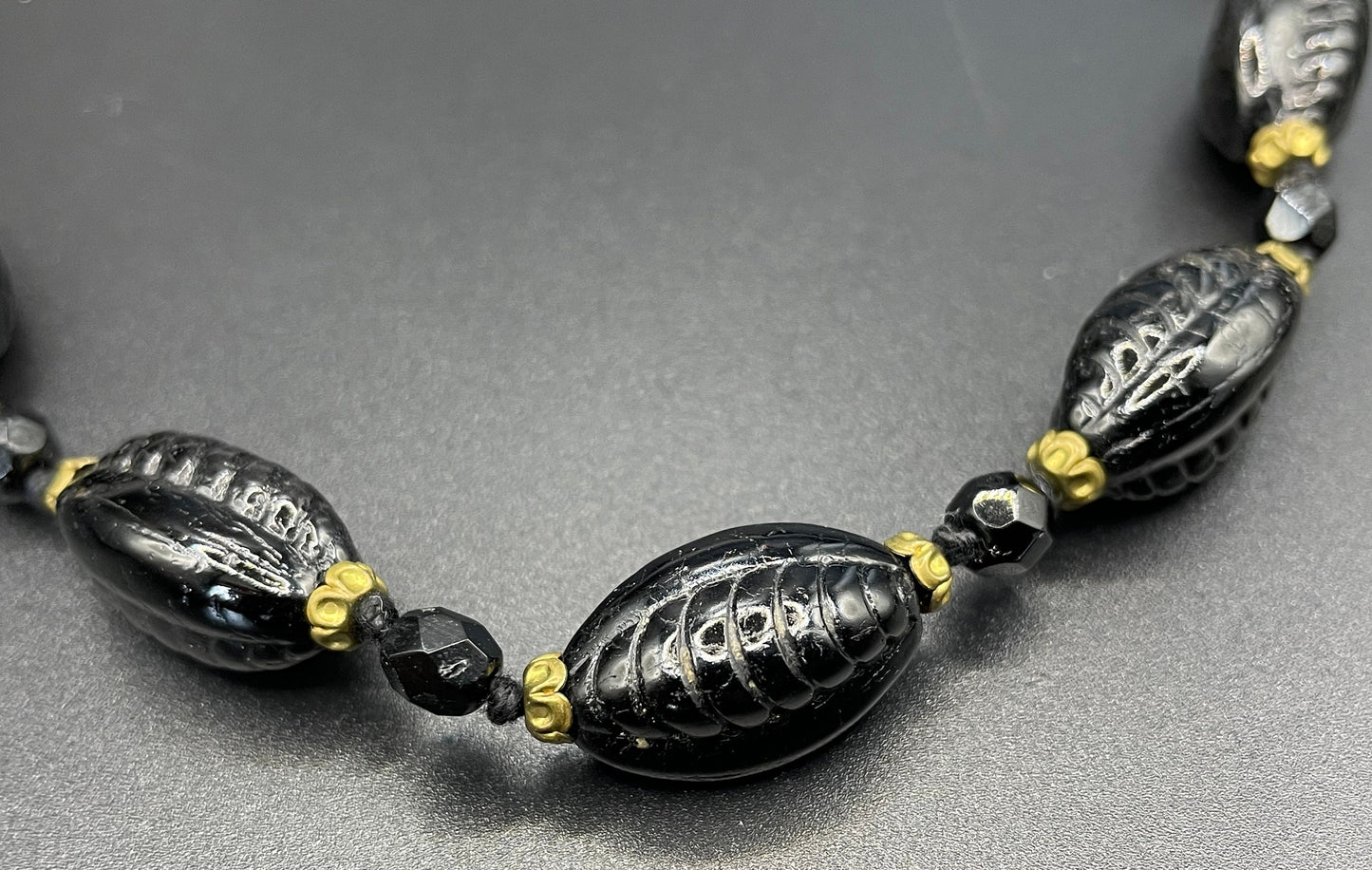 Vintage Art Deco French jet moulded glass beaded necklace, Neiger style pressed black glass czech beads