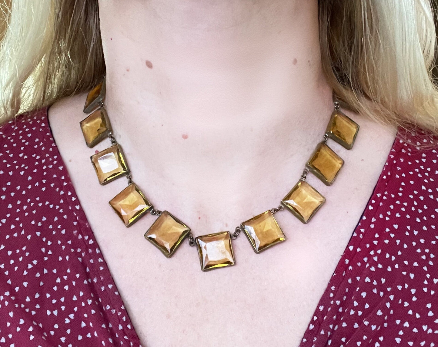 Antique late 19th century citrine yellow / orange crystal riviere necklace, huge bezel set open backed princess cut square rhinestones