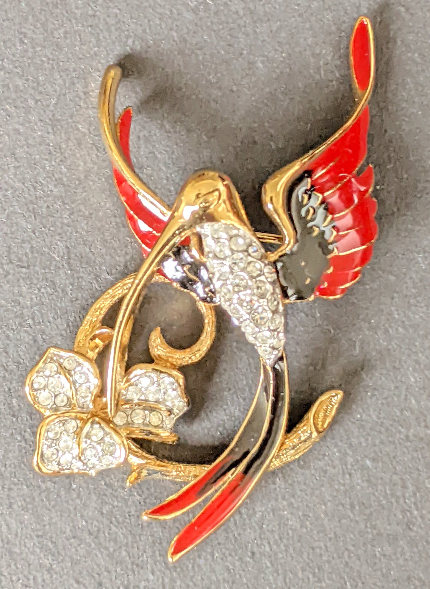 Vintage Attwood and Sawyer hummingbird brooch, gold plated, red and black enamel and rhinestone, signed A&S