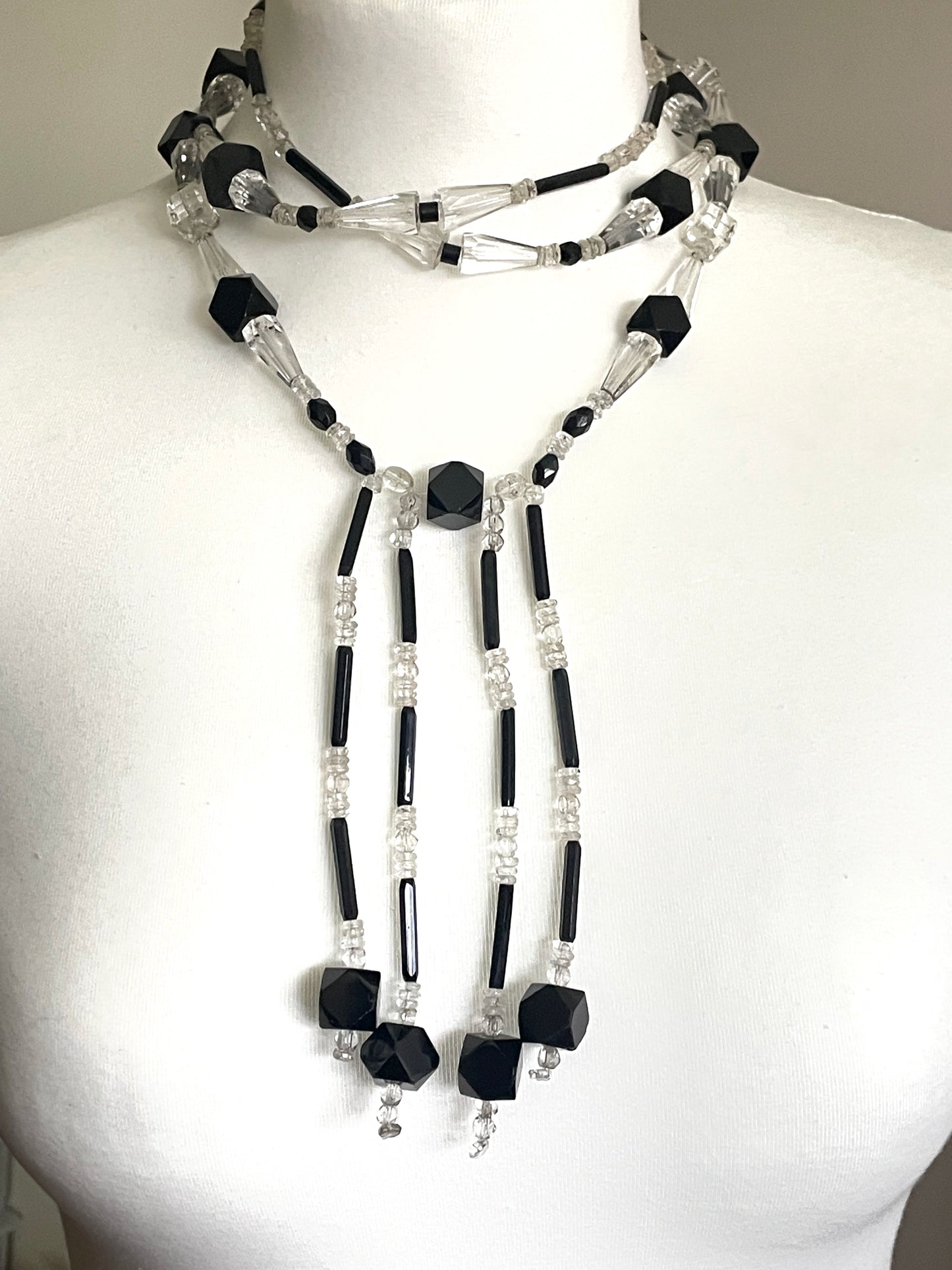 Huge vintage Art Deco 1920s flapper crystal negligee necklace, longer length, gorgeous black French jet & clear crystal glass faceted beads