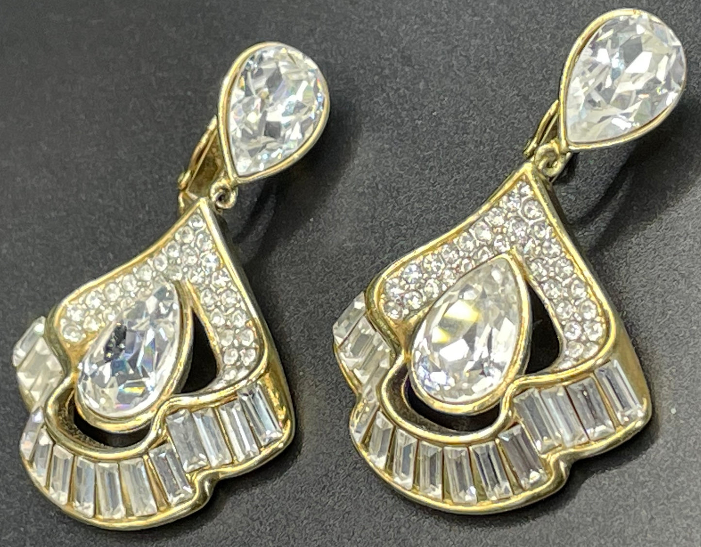 Vintage Attwood and Sawyer, signed A&S, 22ct gold plated and clear rhinestone large statement clip on earrings