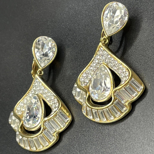 Vintage Attwood and Sawyer, signed A&S, 22ct gold plated and clear rhinestone large statement clip on earrings