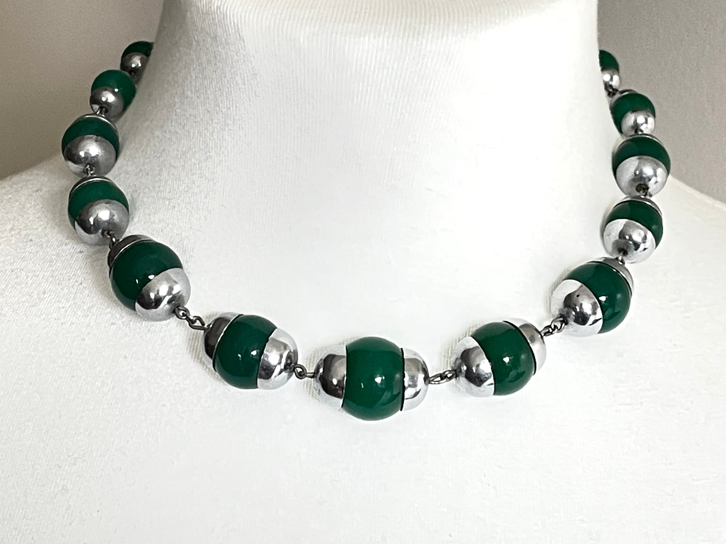 Vintage Art Deco Jakob Bengel machine age chrome and green jade effect glass bead chunky statement necklace