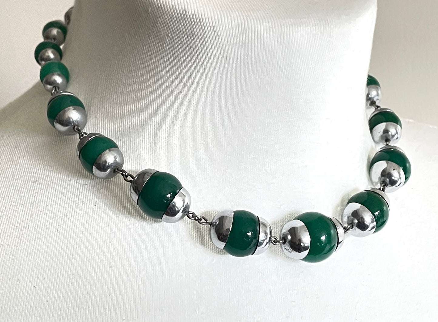 Vintage Art Deco Jakob Bengel machine age chrome and green jade effect glass bead chunky statement necklace