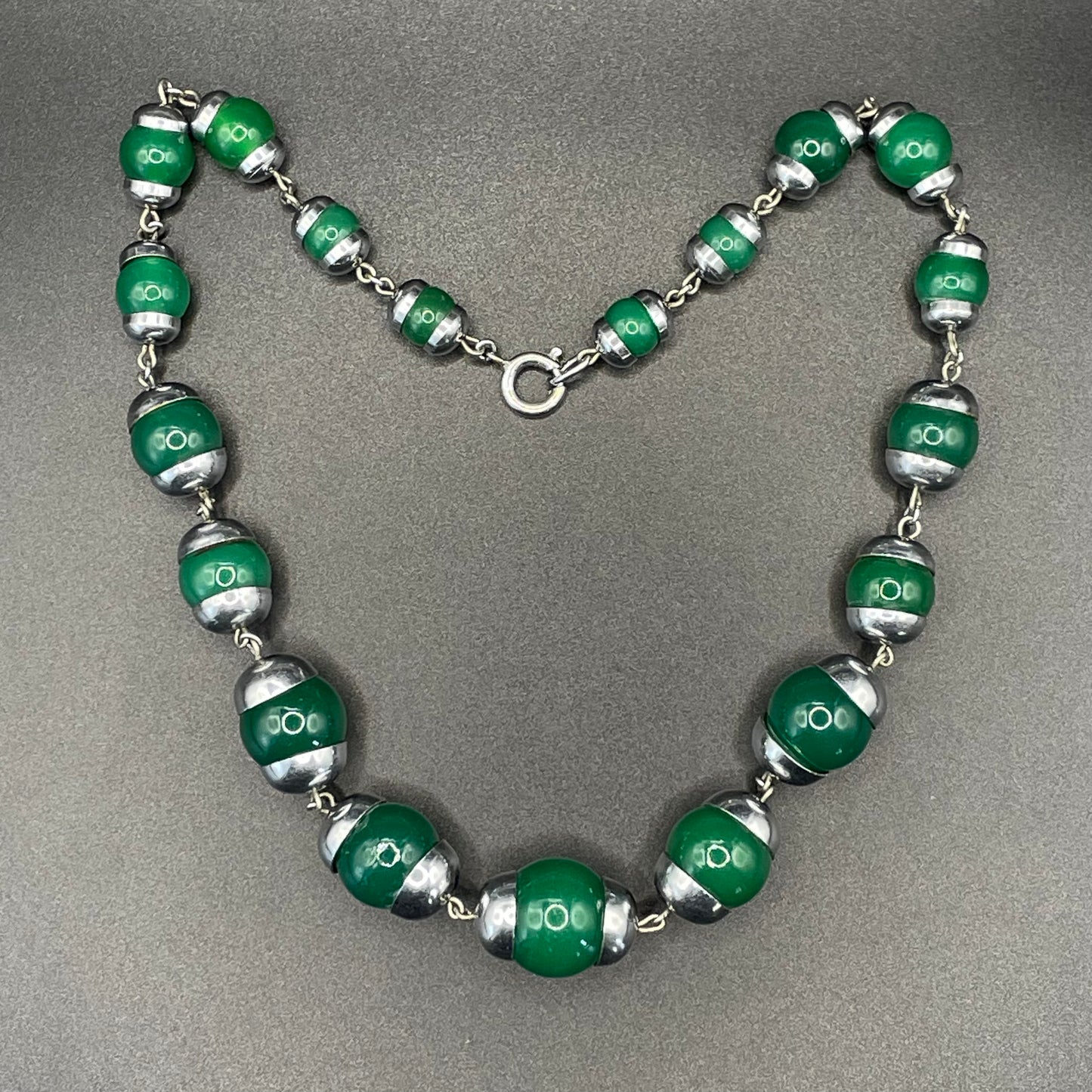 Vintage Art Deco Jakob Bengel machine age chrome and green jade effect glass bead chunky statement necklace