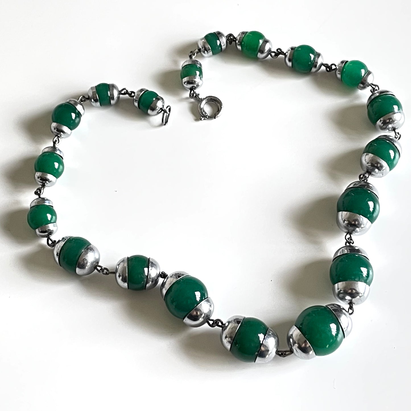 Vintage Art Deco Jakob Bengel machine age chrome and green jade effect glass bead chunky statement necklace