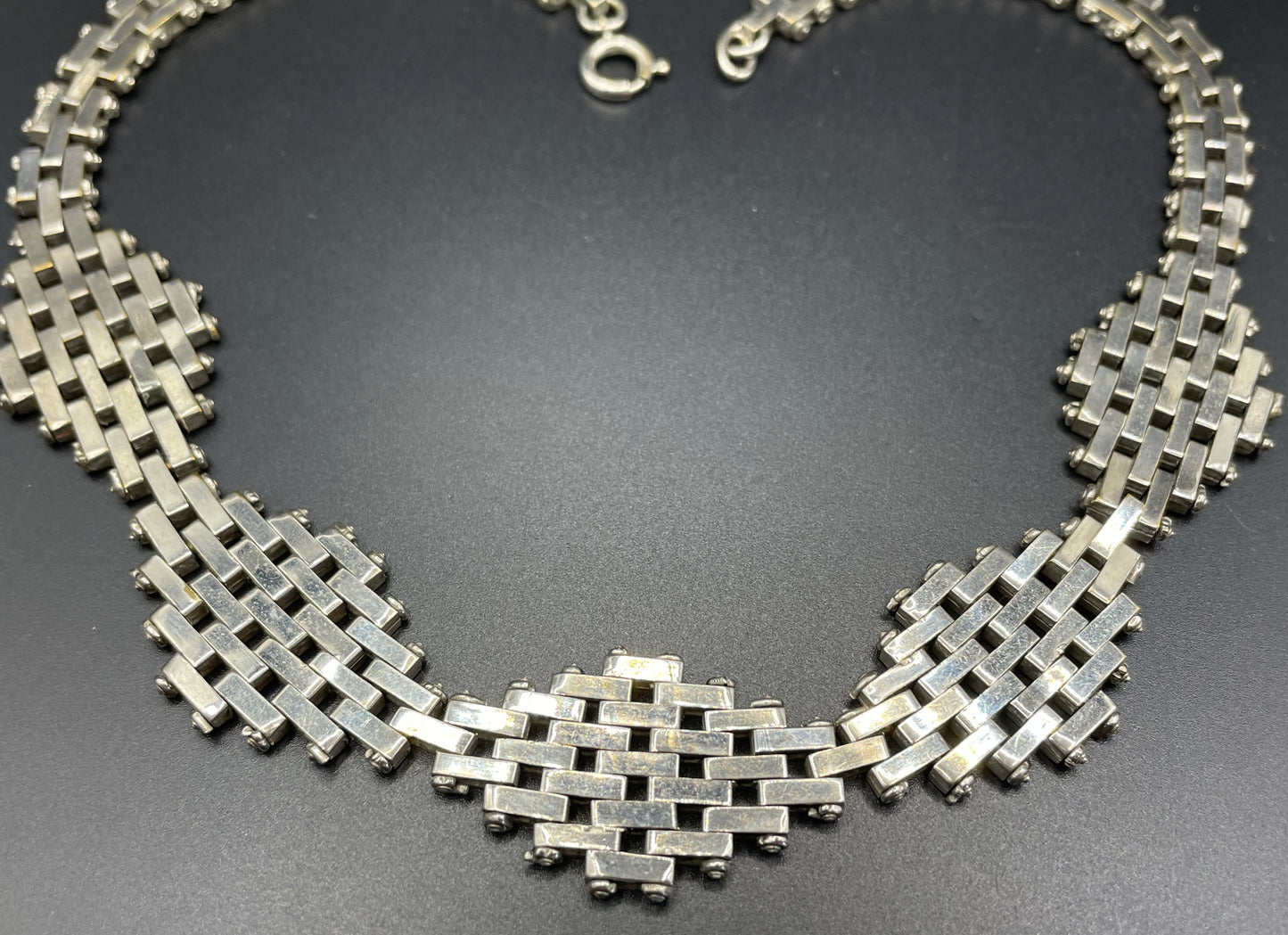 Vintage Jakob Bengel Art Deco brickwork / mauerwerk machine age shiny tone chrome choker necklace, classic geometric design