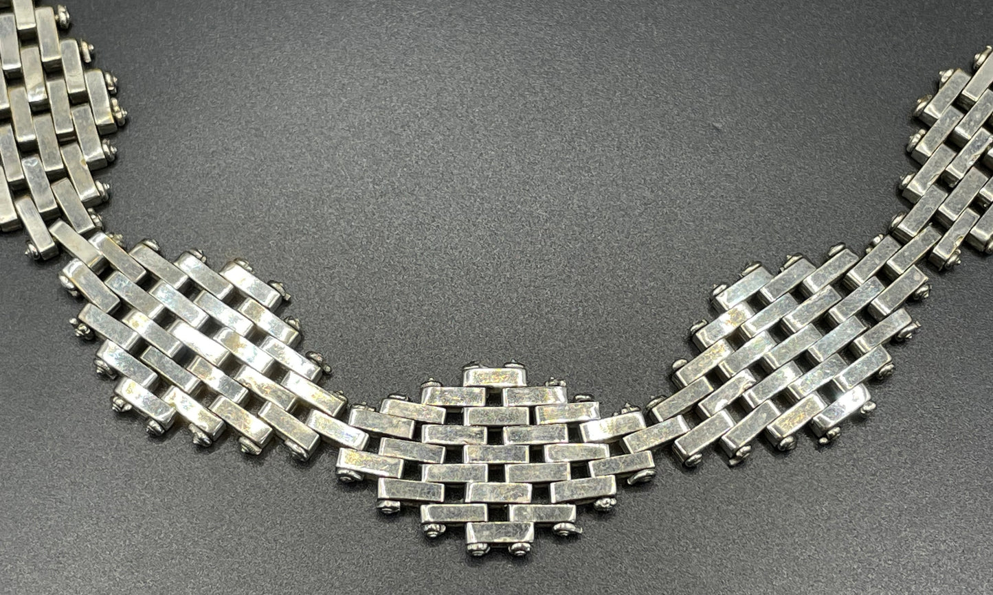 Vintage Jakob Bengel Art Deco brickwork / mauerwerk machine age shiny tone chrome choker necklace, classic geometric design