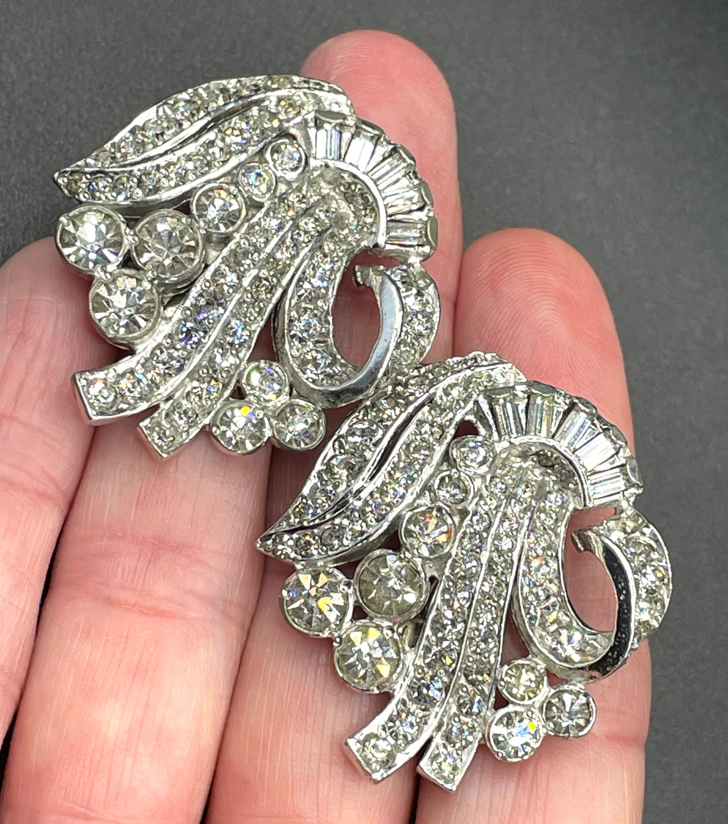 Large vintage Art Deco rhinestone paste duette - brooch that is convertible into two dress clips