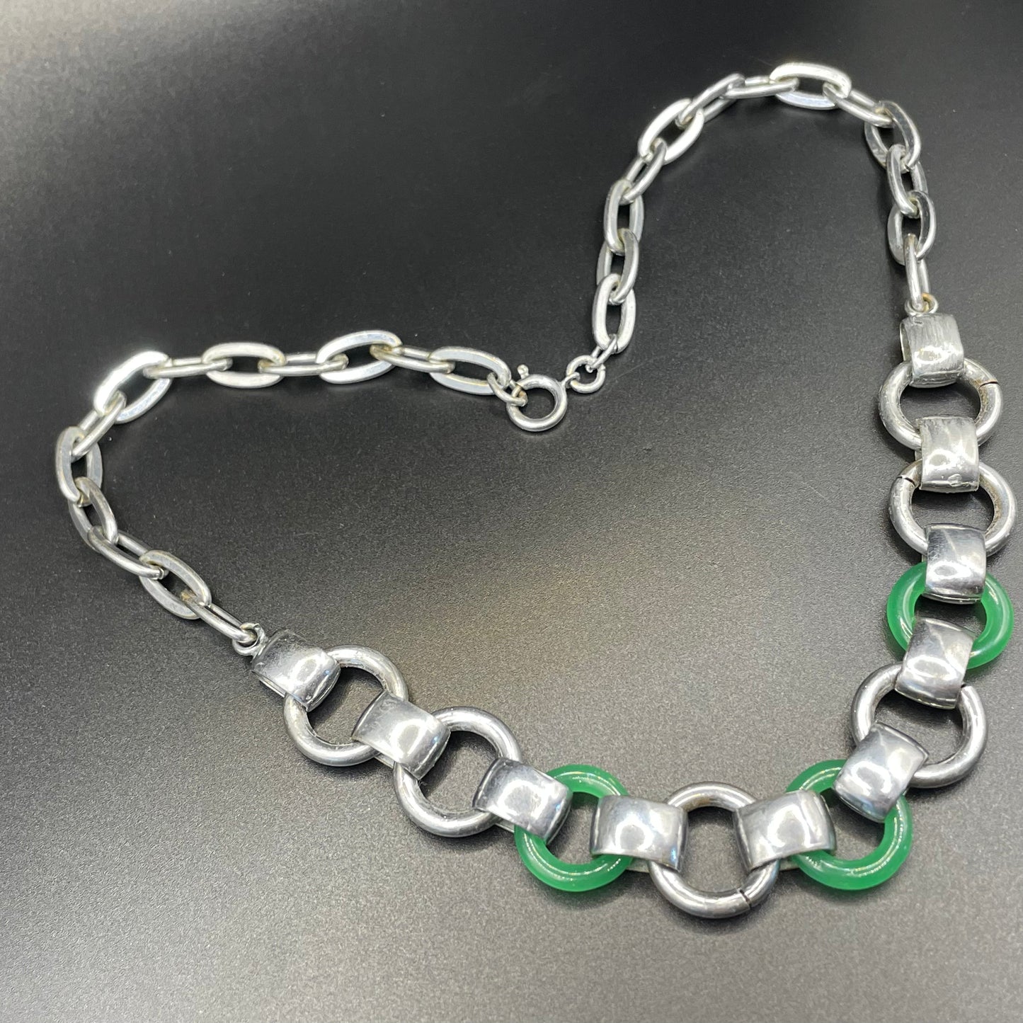 Vintage Jakob Bengel Art Deco machine age geometric silver tone chrome and green galalith ring necklace