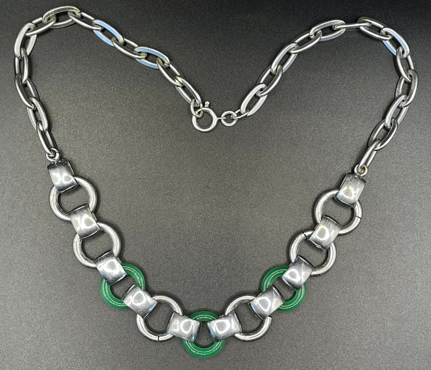 Vintage Jakob Bengel Art Deco machine age geometric silver tone chrome and green galalith ring necklace