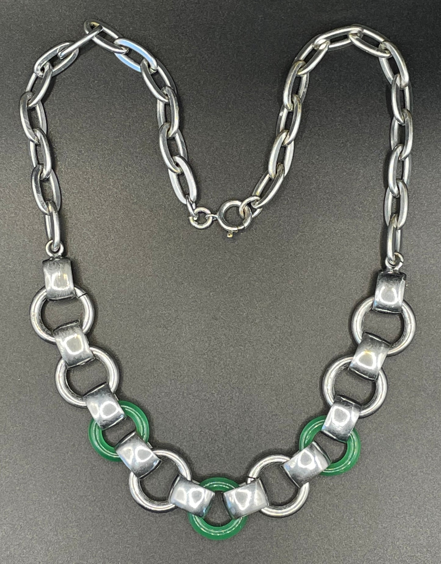 Vintage Jakob Bengel Art Deco machine age geometric silver tone chrome and green galalith ring necklace