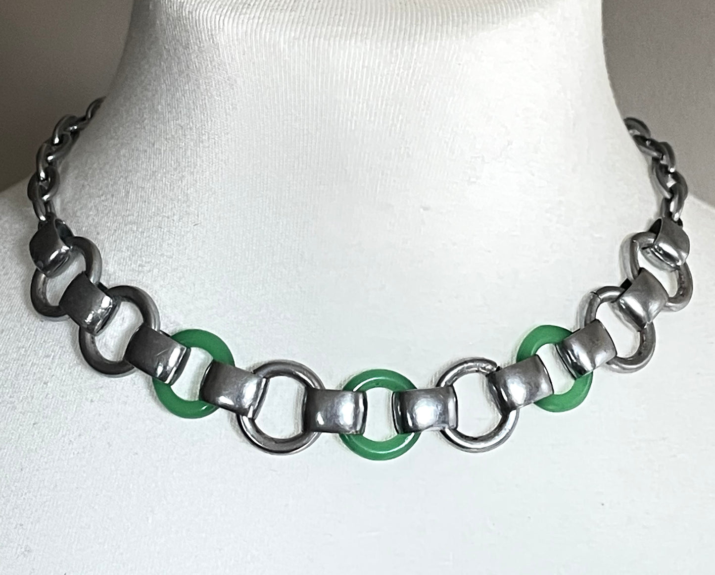 Vintage Jakob Bengel Art Deco machine age geometric silver tone chrome and green galalith ring necklace