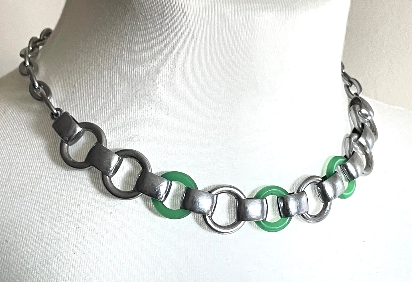 Vintage Jakob Bengel Art Deco machine age geometric silver tone chrome and green galalith ring necklace