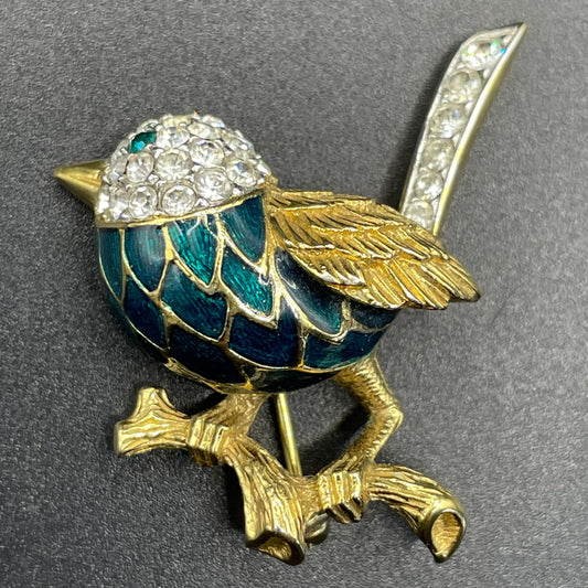 Vintage signed Attwood and Sawyer (A&S) bird brooch, 22ct gold plated, green enamel with clear and green rhinestones adorable wren