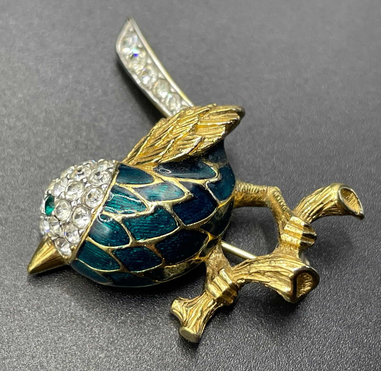 Vintage signed Attwood and Sawyer (A&S) bird brooch, 22ct gold plated, green enamel with clear and green rhinestones adorable wren