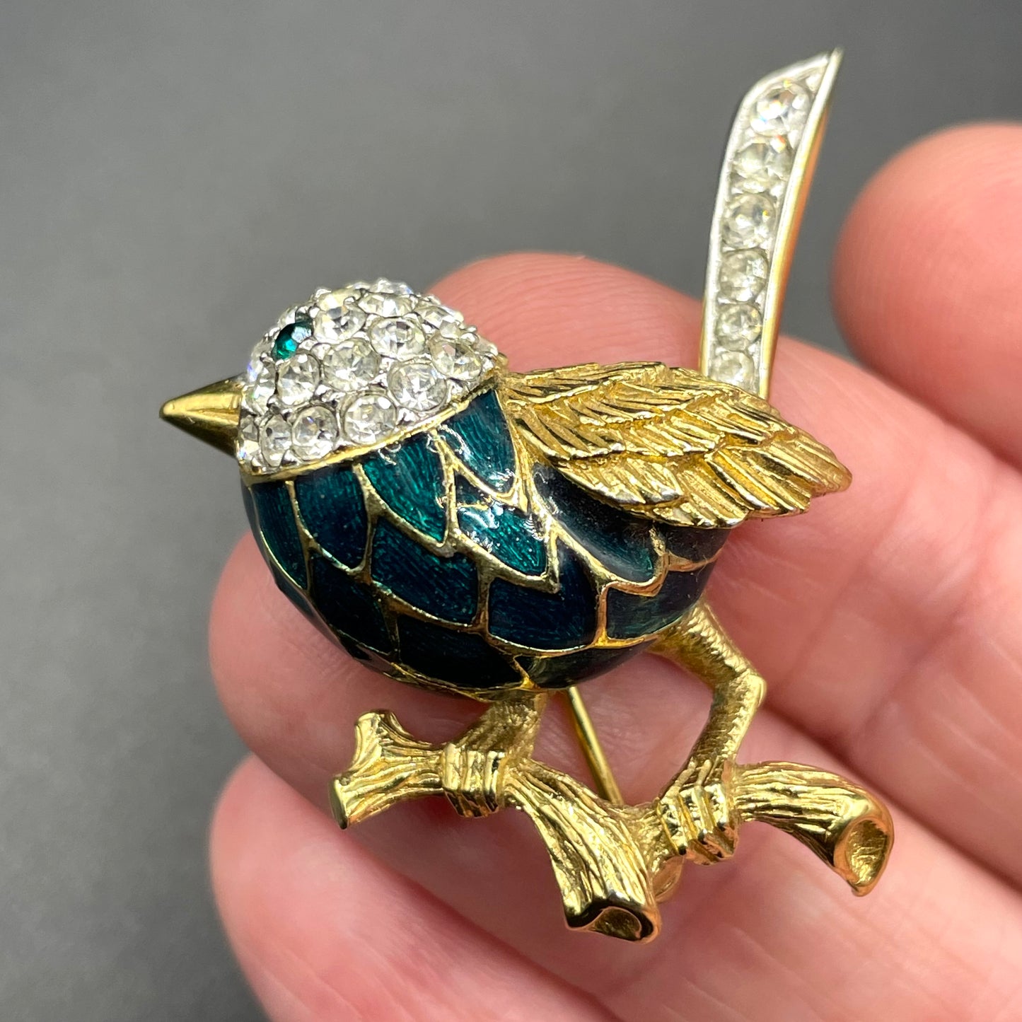 Vintage signed Attwood and Sawyer (A&S) bird brooch, 22ct gold plated, green enamel with clear and green rhinestones adorable wren