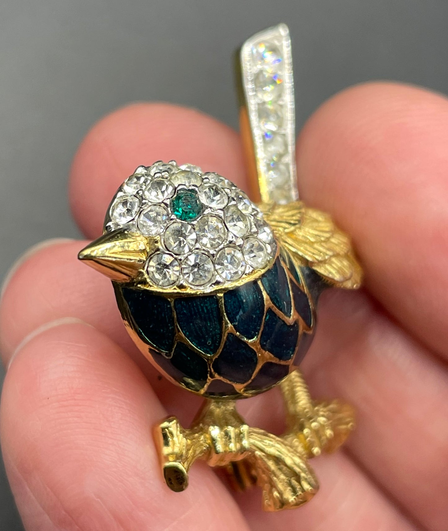 Vintage signed Attwood and Sawyer (A&S) bird brooch, 22ct gold plated, green enamel with clear and green rhinestones adorable wren