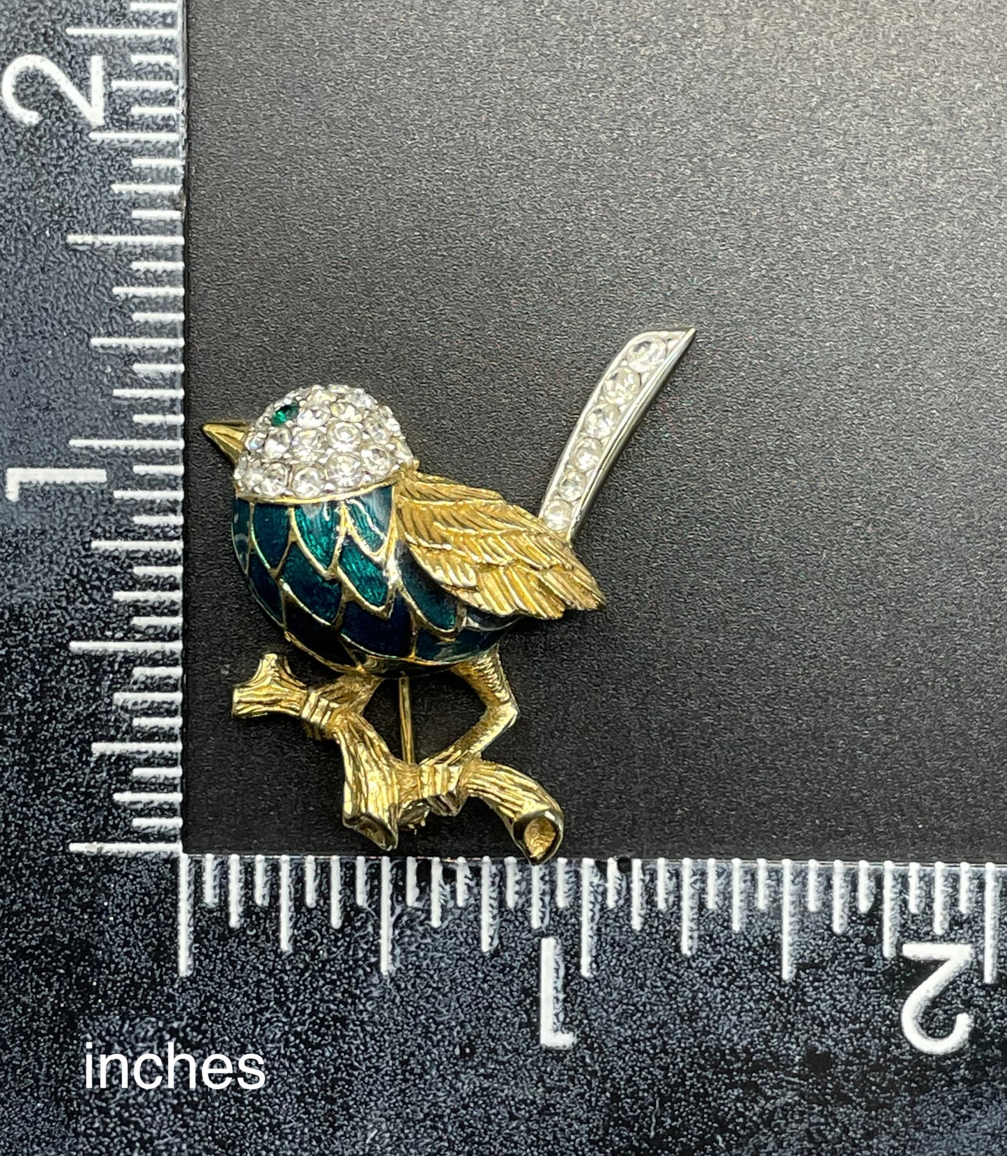 Vintage signed Attwood and Sawyer (A&S) bird brooch, 22ct gold plated, green enamel with clear and green rhinestones adorable wren