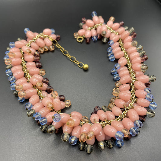 Heavy vintage baby pink, dark pink, grey and blue glass bead and Austrian faceted crystal bead fringe necklace with gold tone chain