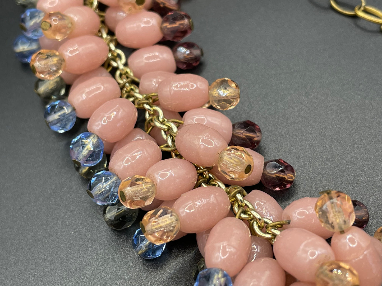 Heavy vintage baby pink, dark pink, grey and blue glass bead and Austrian faceted crystal bead fringe necklace with gold tone chain