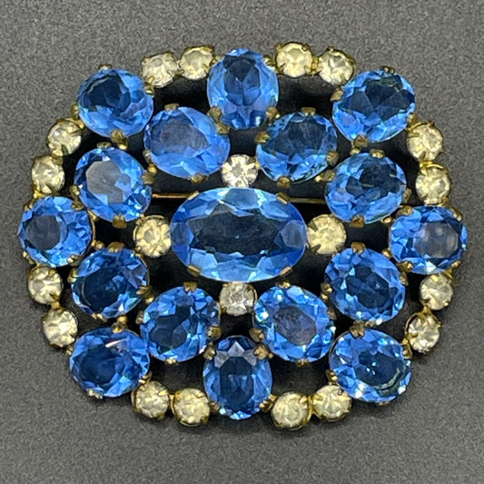 Large vintage Art Deco sapphire blue and clear glass rhinestone, open-backed, gold tone Czech crystal brooch pin, stunning cornflower blue