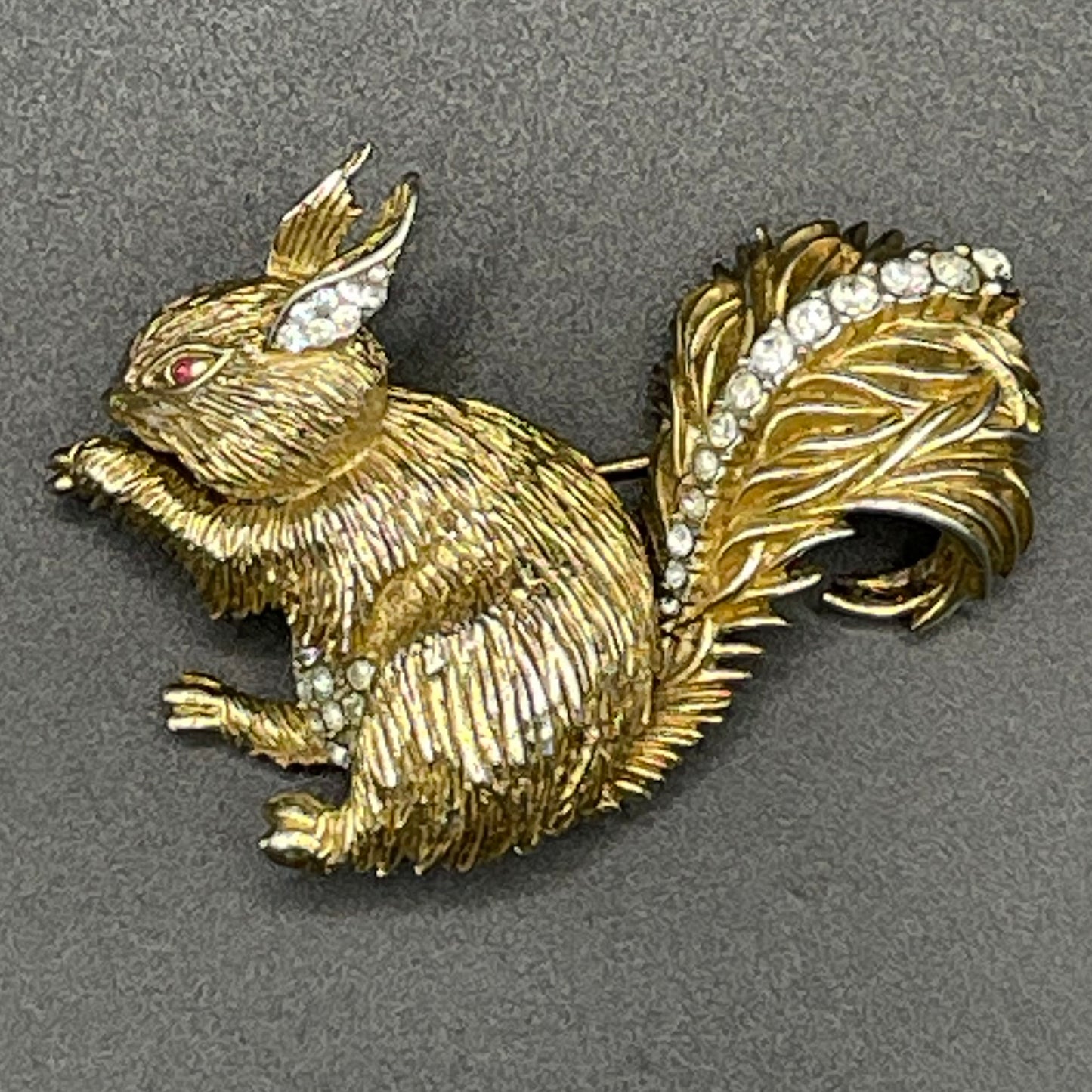 Vintage signed Attwood and Sawyer (A&S) 22ct gold plated squirrel brooch with clear and red rhinestone, unusual larger sized design