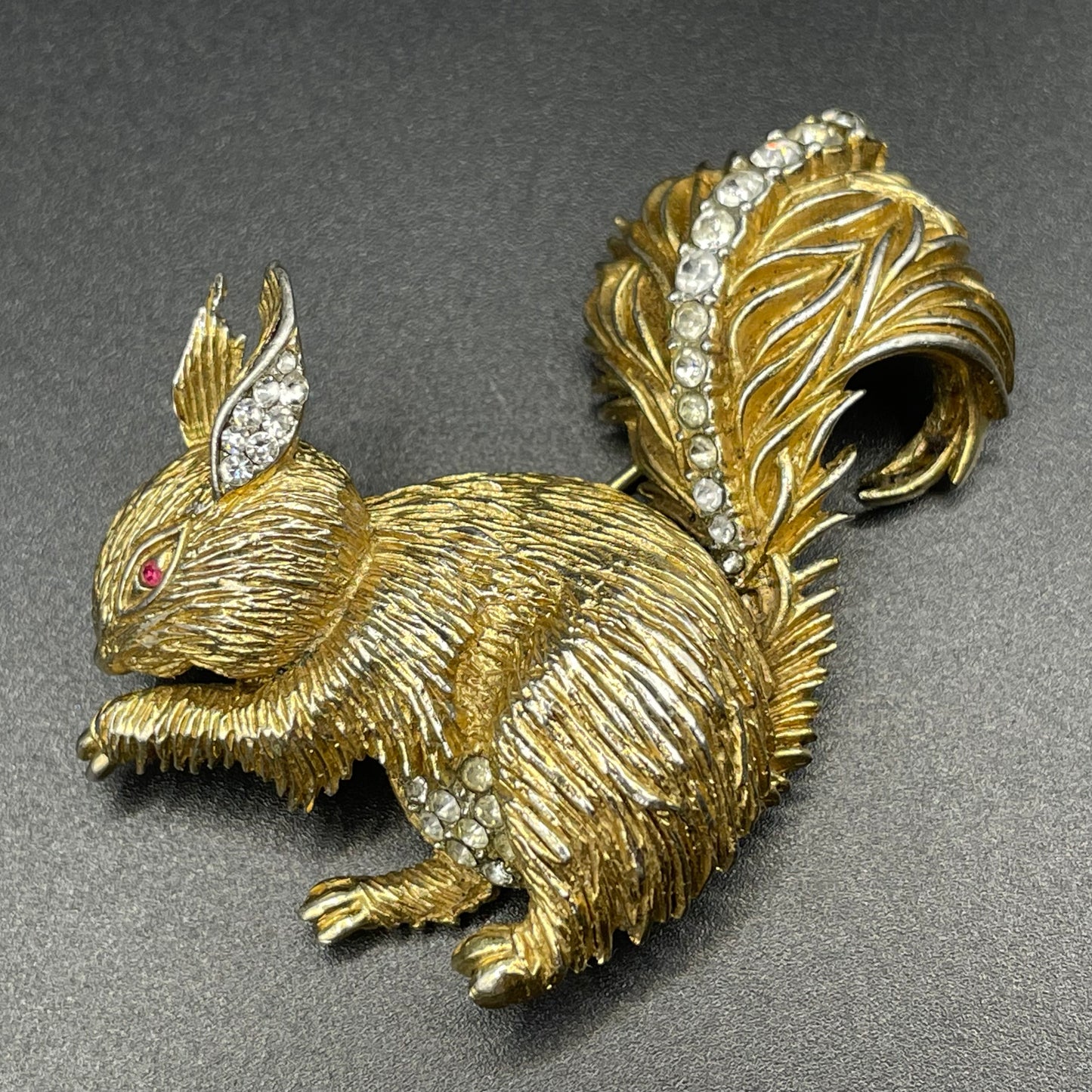 Vintage signed Attwood and Sawyer (A&S) 22ct gold plated squirrel brooch with clear and red rhinestone, unusual larger sized design