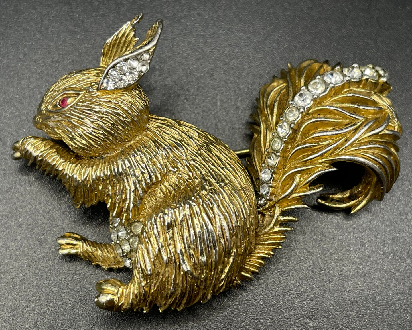 Vintage signed Attwood and Sawyer (A&S) 22ct gold plated squirrel brooch with clear and red rhinestone, unusual larger sized design