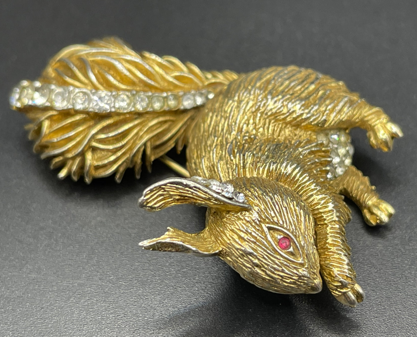 Vintage signed Attwood and Sawyer (A&S) 22ct gold plated squirrel brooch with clear and red rhinestone, unusual larger sized design