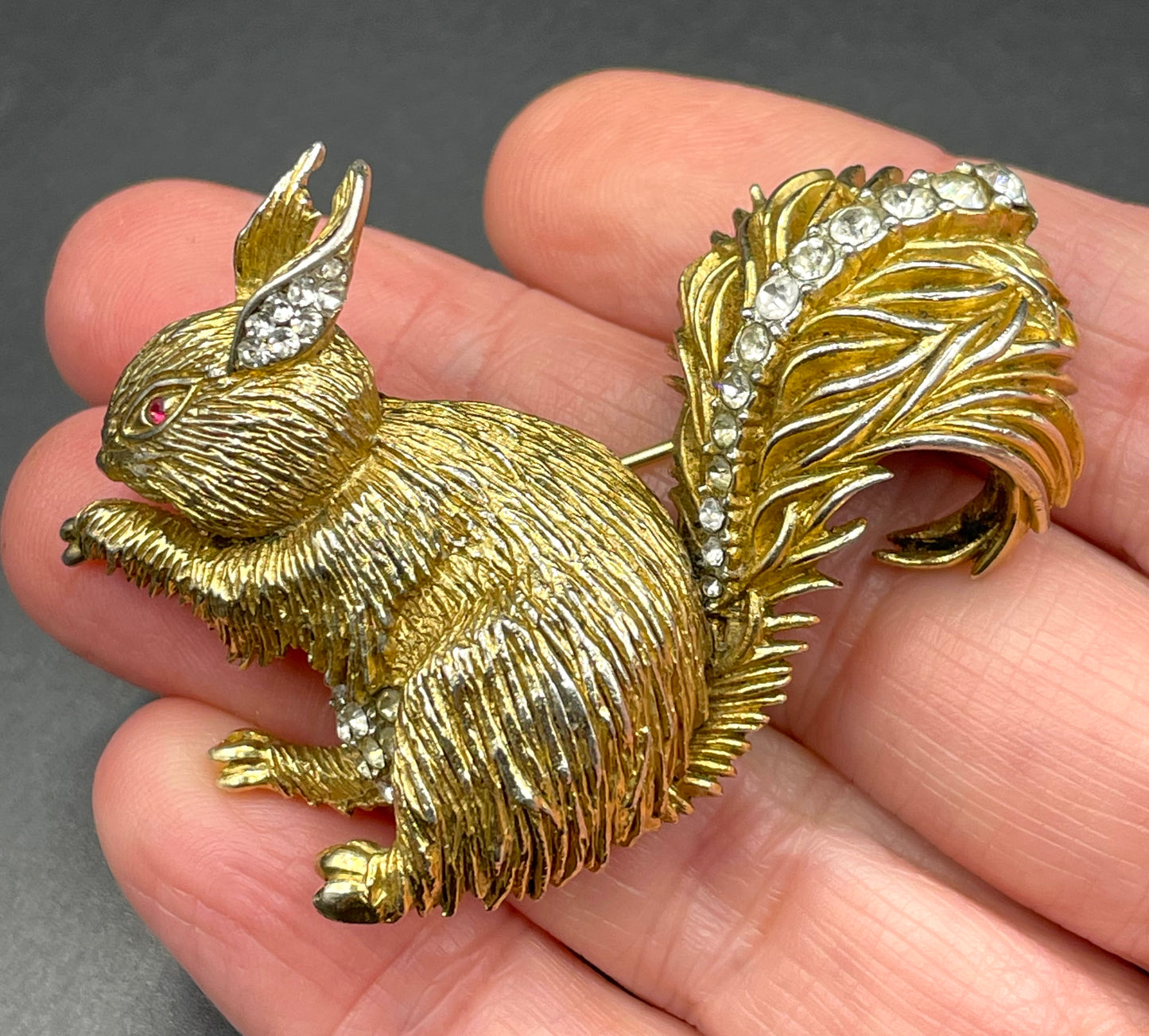 Vintage signed Attwood and Sawyer (A&S) 22ct gold plated squirrel brooch with clear and red rhinestone, unusual larger sized design