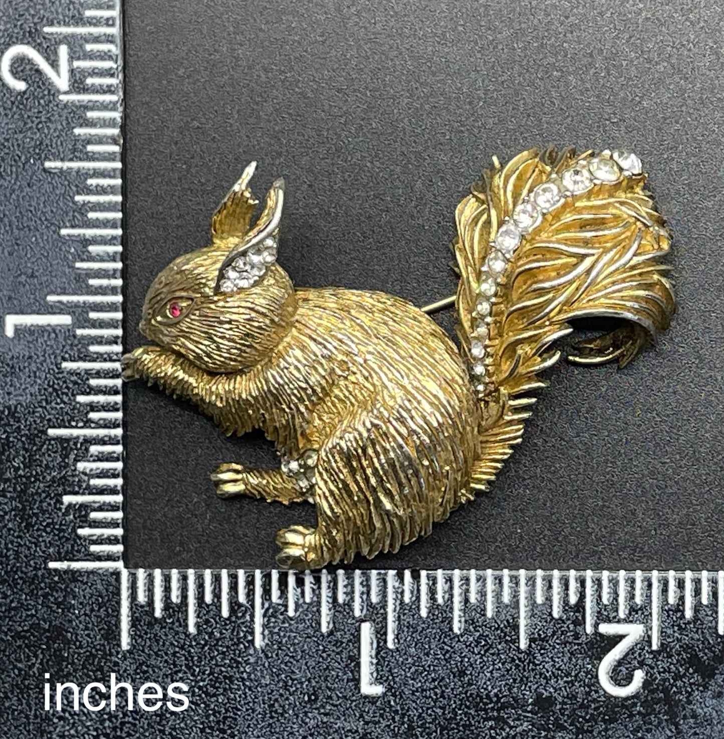 Vintage signed Attwood and Sawyer (A&S) 22ct gold plated squirrel brooch with clear and red rhinestone, unusual larger sized design