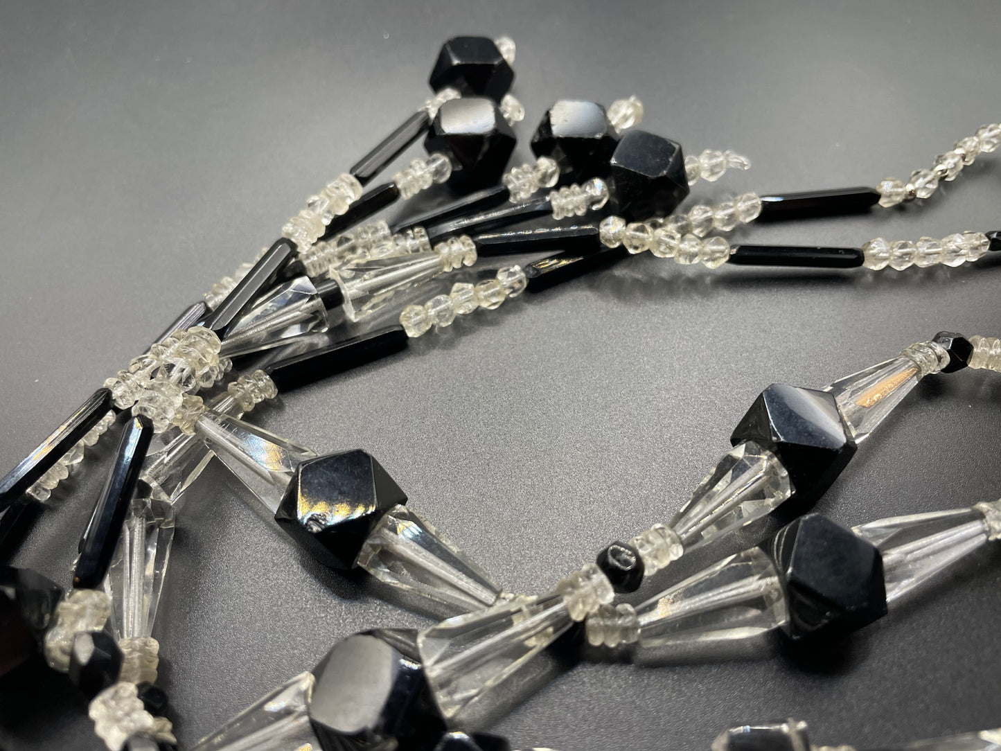 Huge vintage Art Deco 1920s flapper crystal negligee necklace, longer length, gorgeous black French jet & clear crystal glass faceted beads