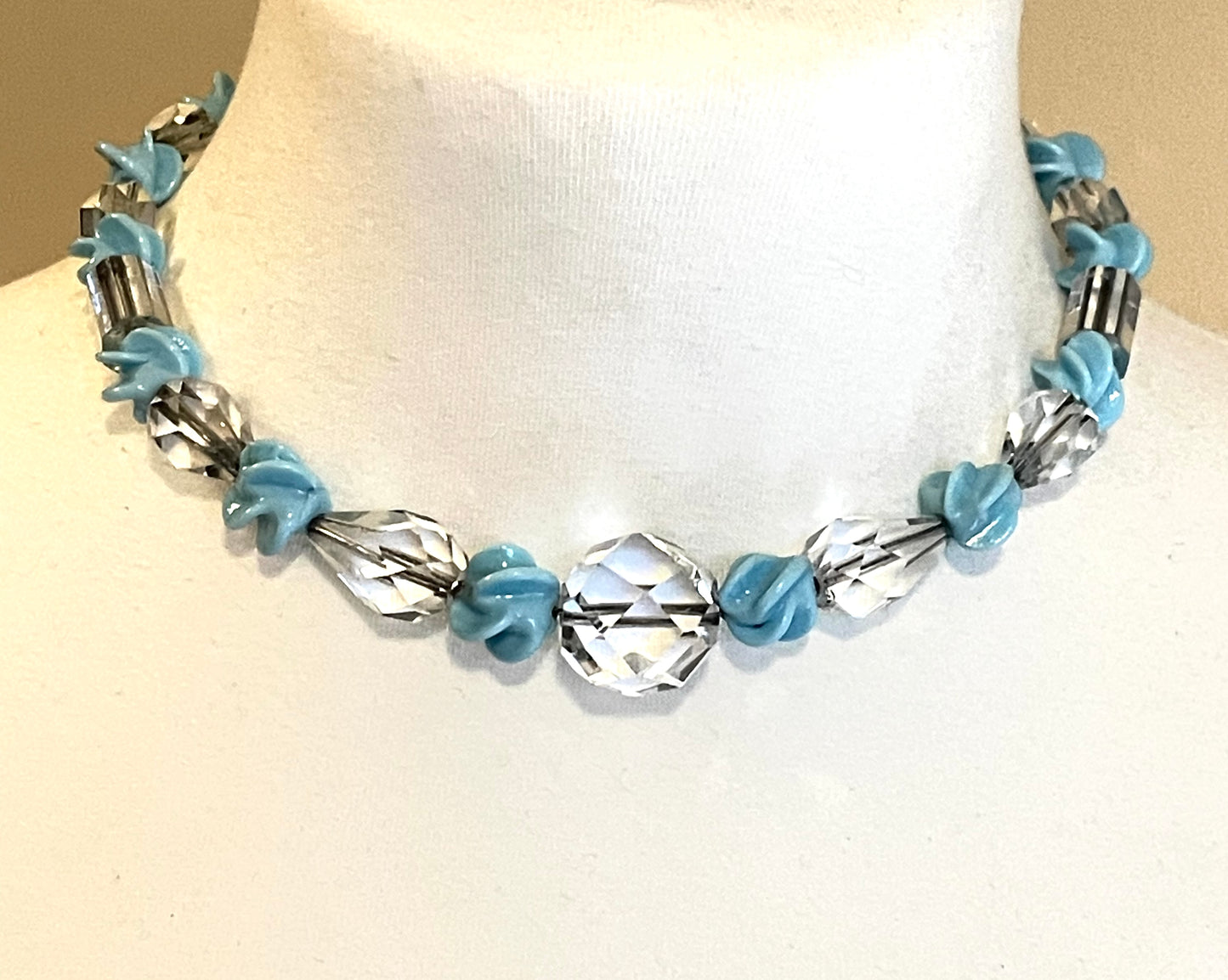 Vintage blue poured glass & clear faceted crystal Louis Rousselet beaded necklace and earrings for pierced ear - necklace on fox tail chain