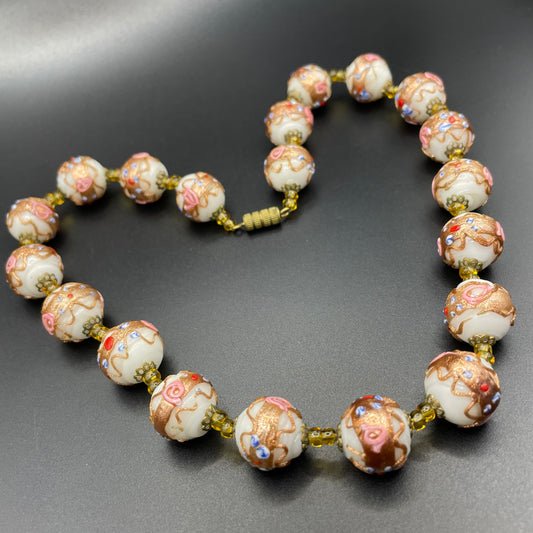 Vintage Art Deco Venetian wedding cake Fiorato glass white, gold, blue, pink and red hand made large bead choker necklace