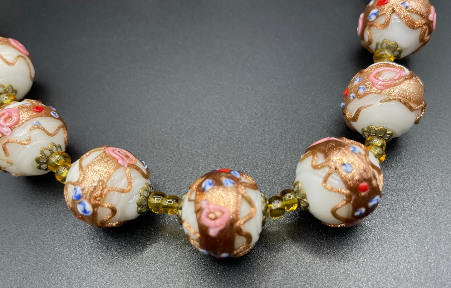 Vintage Art Deco Venetian wedding cake Fiorato glass white, gold, blue, pink and red hand made large bead choker necklace