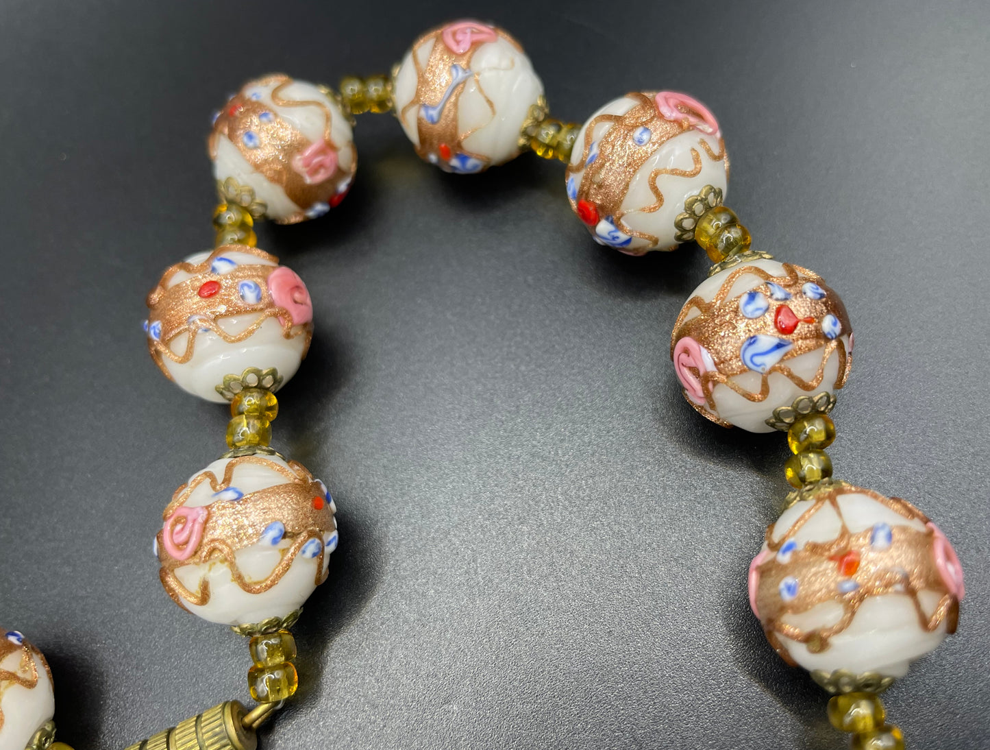 Vintage Art Deco Venetian wedding cake Fiorato glass white, gold, blue, pink and red hand made large bead choker necklace