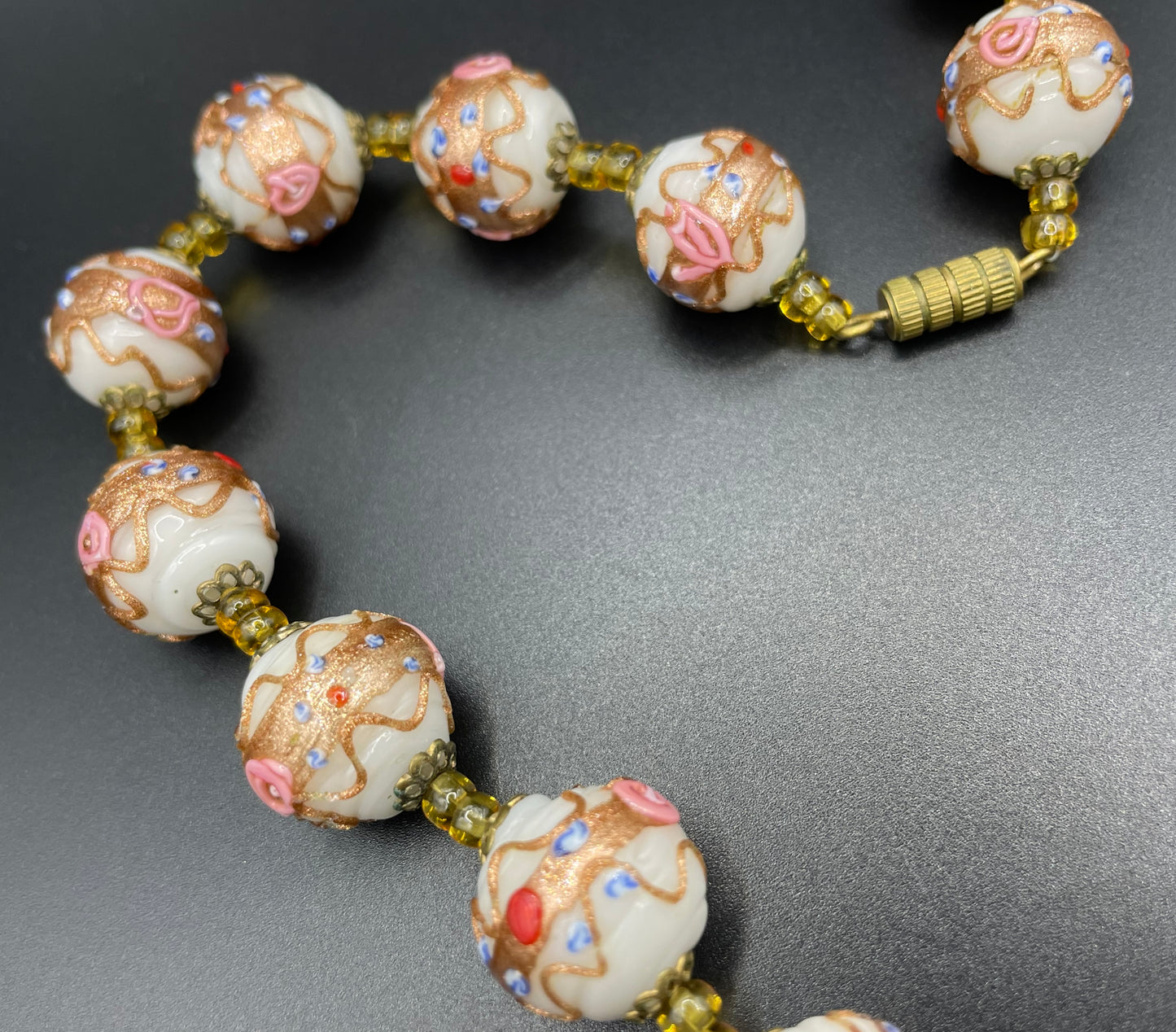 Vintage Art Deco Venetian wedding cake Fiorato glass white, gold, blue, pink and red hand made large bead choker necklace