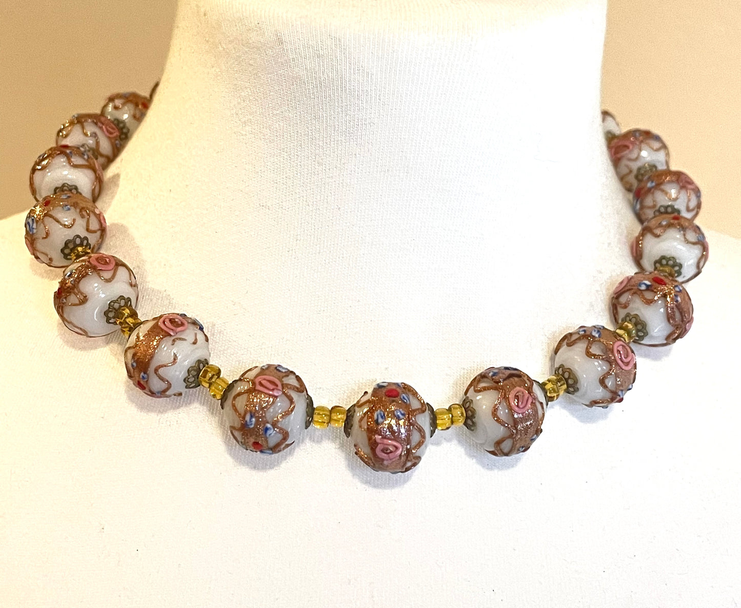 Vintage Art Deco Venetian wedding cake Fiorato glass white, gold, blue, pink and red hand made large bead choker necklace