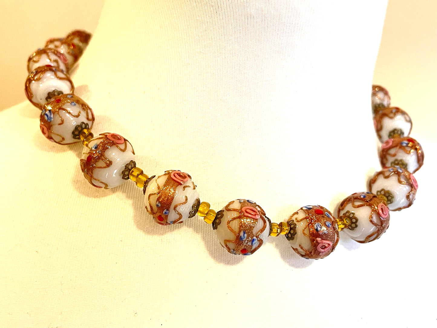 Vintage Art Deco Venetian wedding cake Fiorato glass white, gold, blue, pink and red hand made large bead choker necklace