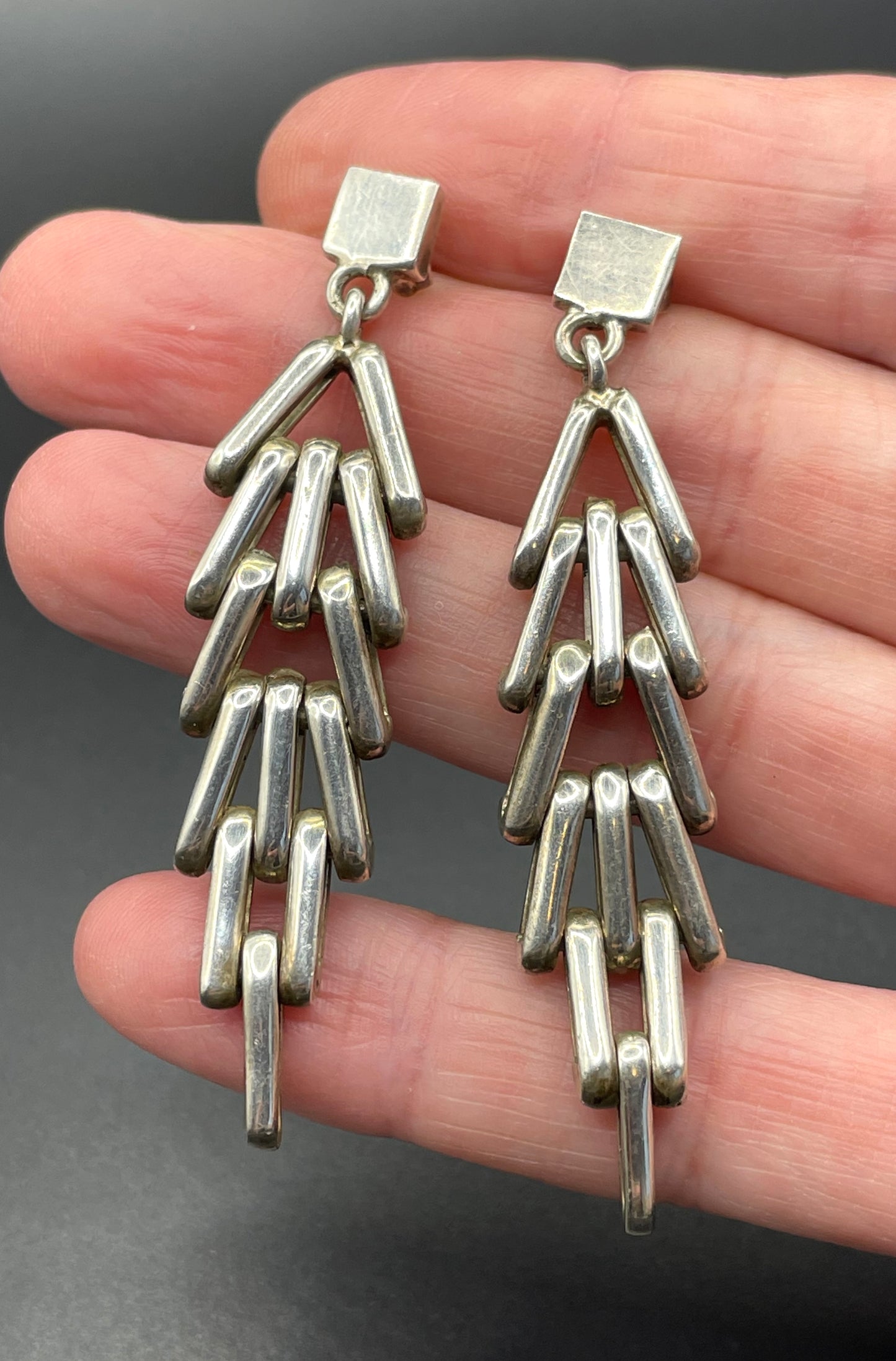 Huge vintage Jakob Bengel style Art Deco machine age brickwork mauerwerk earrings (pierced ears), large heavy pieces, sterling silver 21g