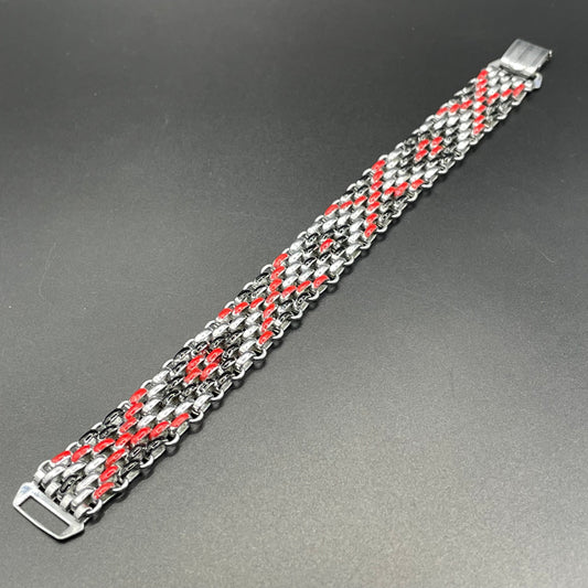 Vintage Jakob Bengel Art Deco brickwork / mauerwerk machine age silver tone chrome bracelet, with red and black geometric enamel decoration (Copy)