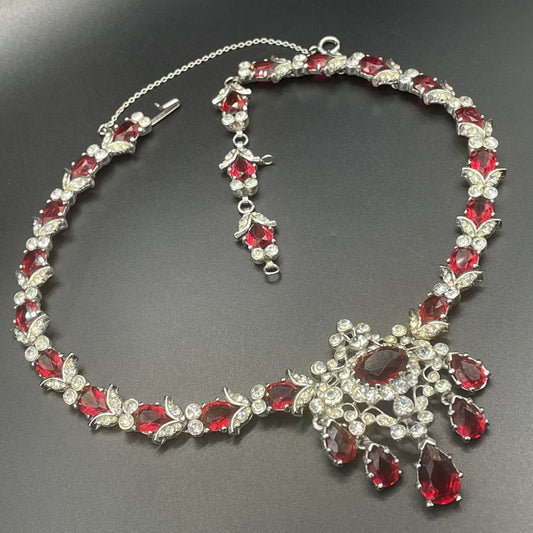 Vintage unsigned baroque style, ornate ruby red and clear rhinestone necklace, fabulous quality