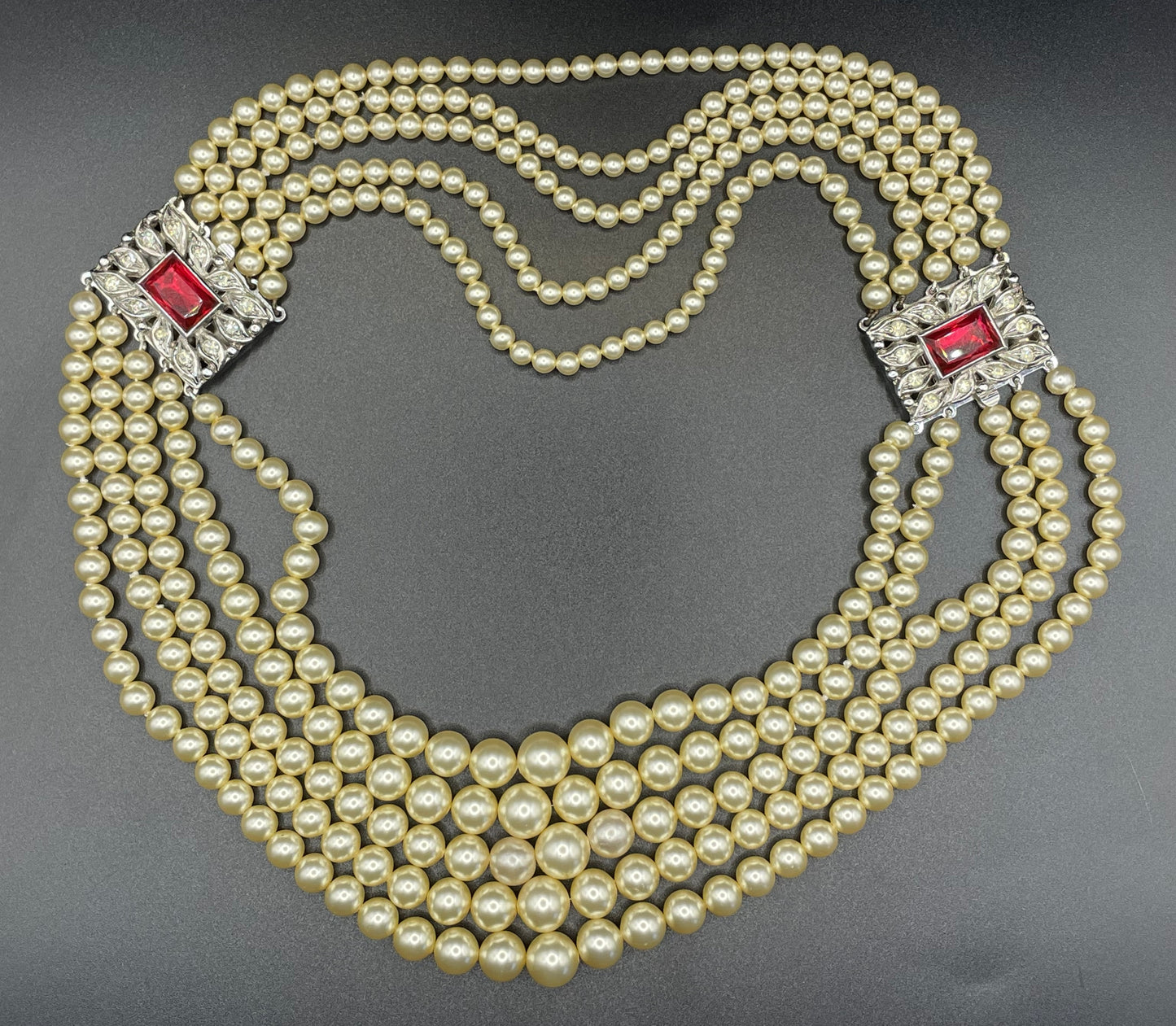 Vintage five strand glass pearl necklace (or bracelet) with double ornate ruby red & clear rhinestone side clasps, graduated glass pearls