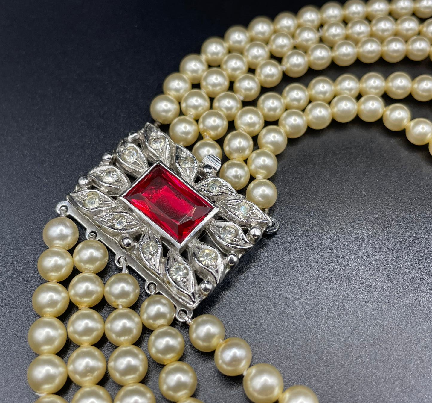 Vintage five strand glass pearl necklace (or bracelet) with double ornate ruby red & clear rhinestone side clasps, graduated glass pearls