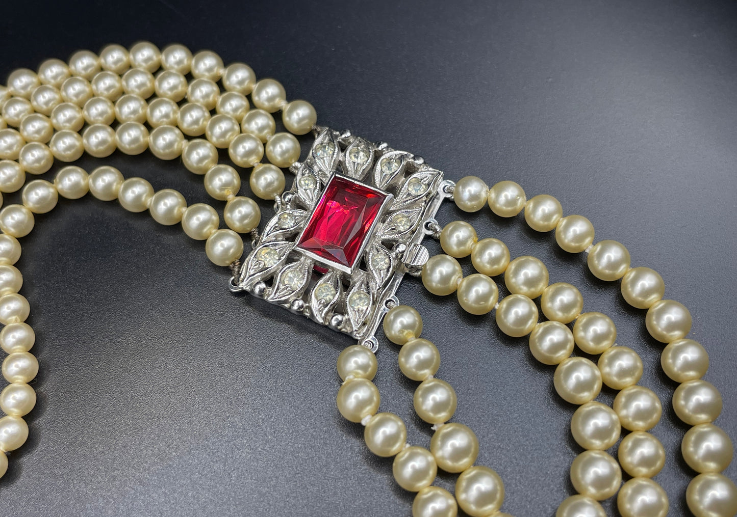 Vintage five strand glass pearl necklace (or bracelet) with double ornate ruby red & clear rhinestone side clasps, graduated glass pearls