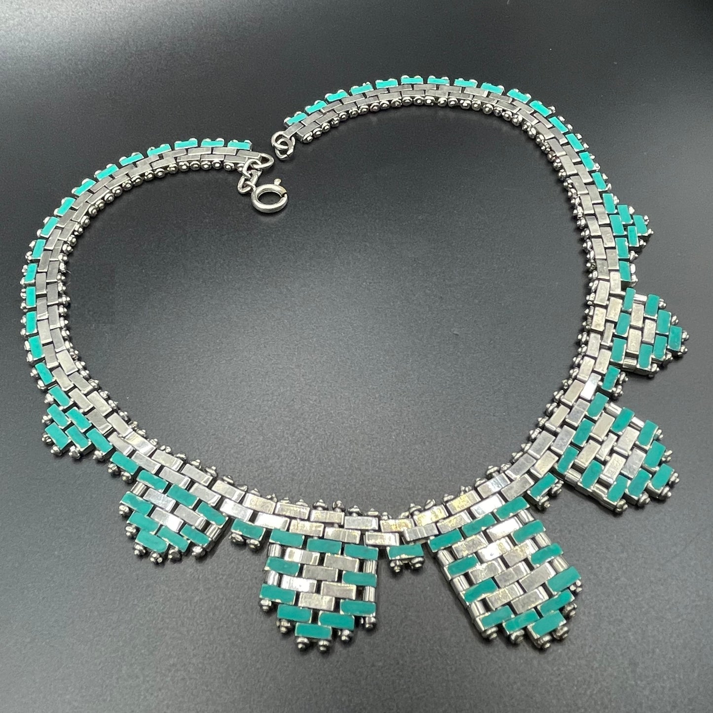 Vintage Jakob Bengel Art Deco brickwork / mauerwerk machine age shiny chrome silver tone necklace, teal green enamel embellishment