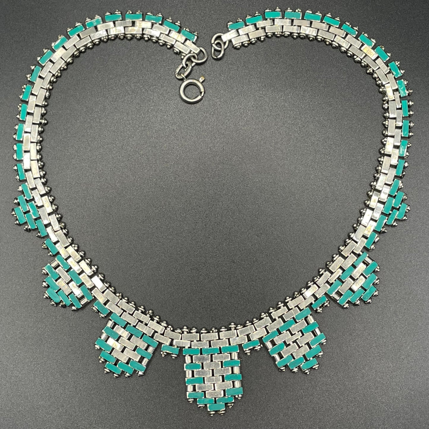 Vintage Jakob Bengel Art Deco brickwork / mauerwerk machine age shiny chrome silver tone necklace, teal green enamel embellishment