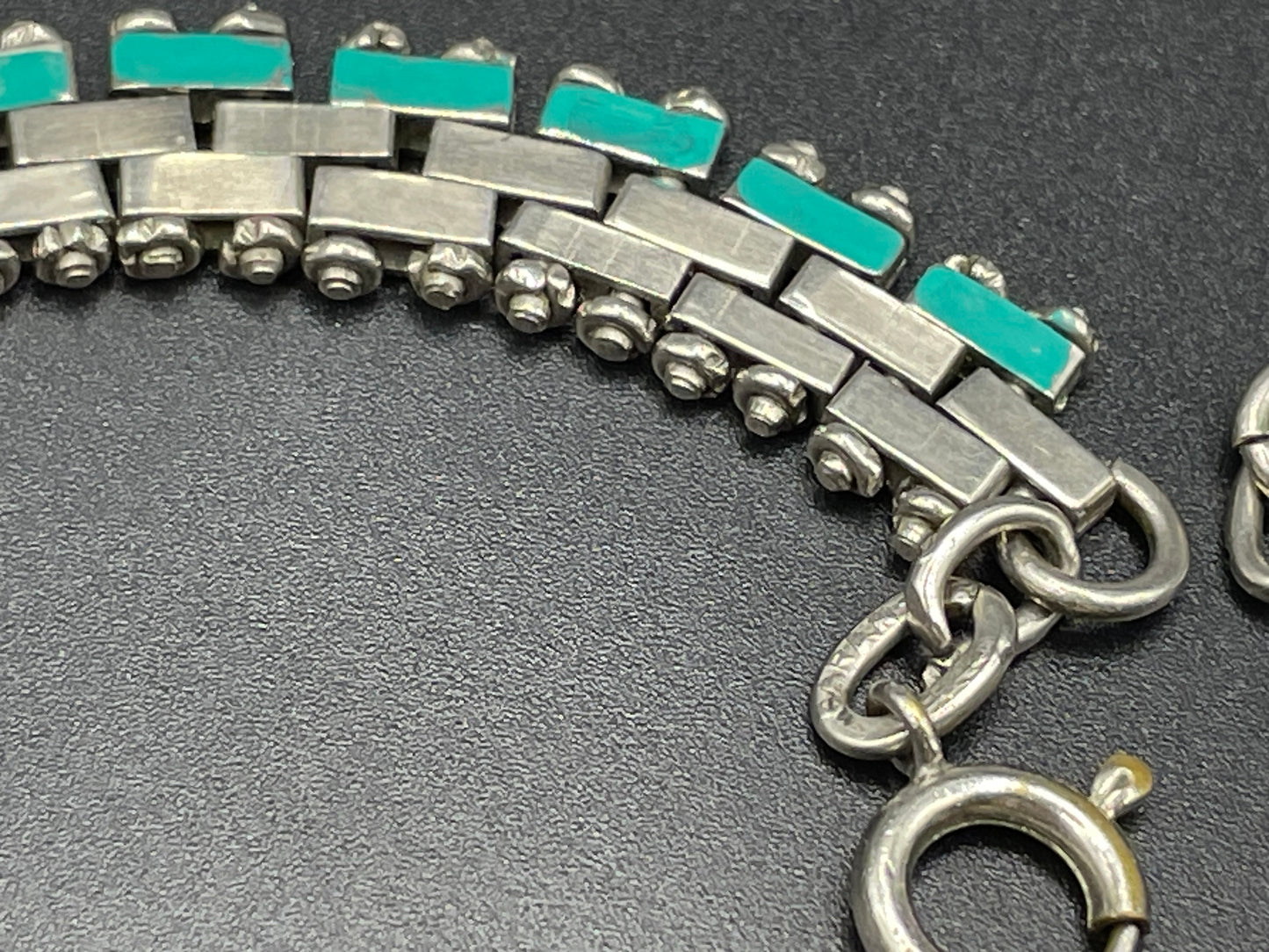 Vintage Jakob Bengel Art Deco brickwork / mauerwerk machine age shiny chrome silver tone necklace, teal green enamel embellishment