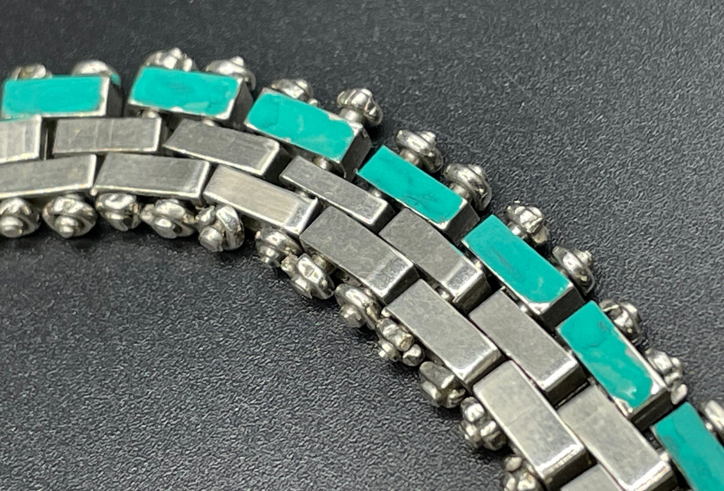 Vintage Jakob Bengel Art Deco brickwork / mauerwerk machine age shiny chrome silver tone necklace, teal green enamel embellishment